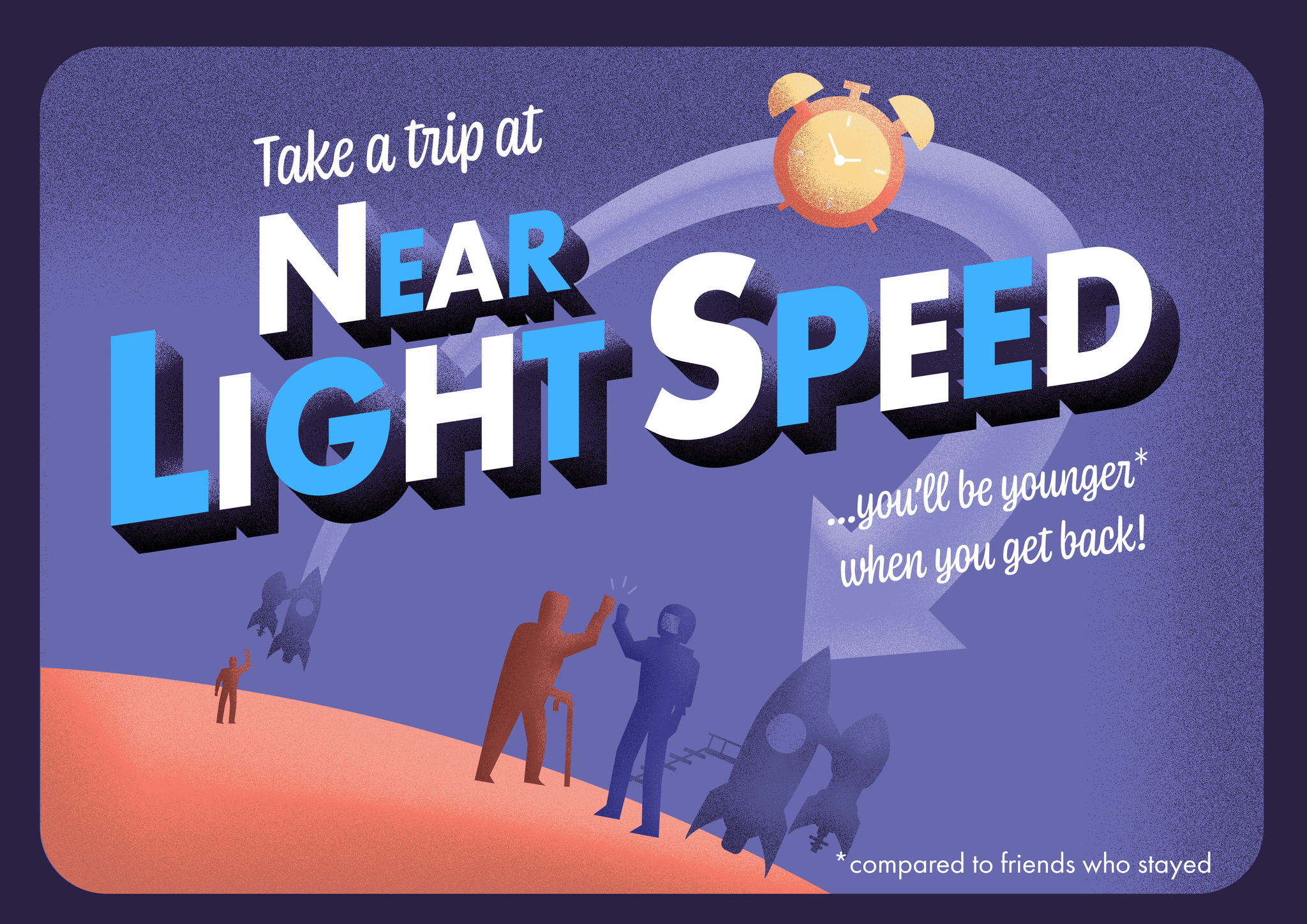 Postcard imagining a trip at near the speed of light.