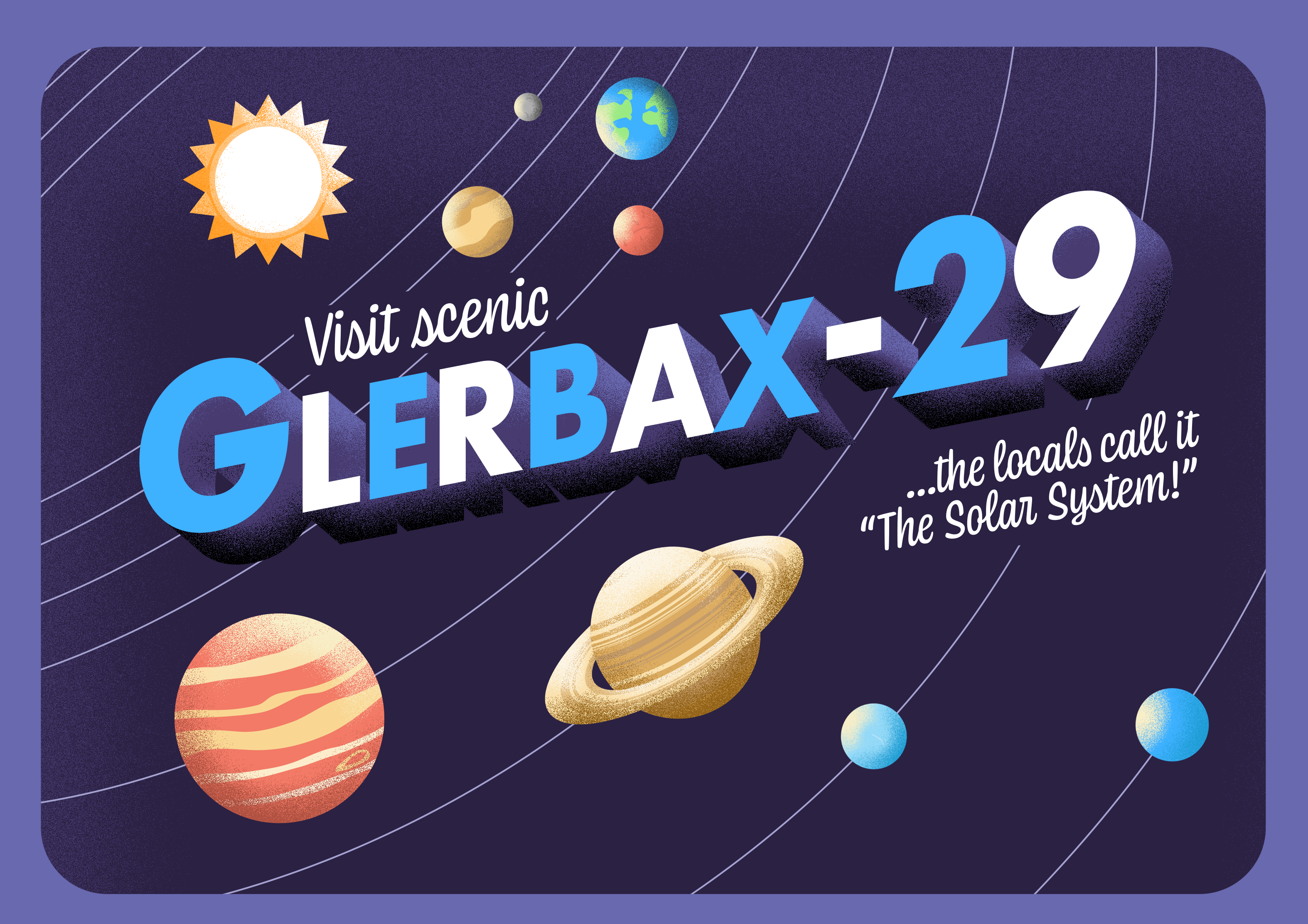 Postcard showing a cartoon depiction of the solar system.