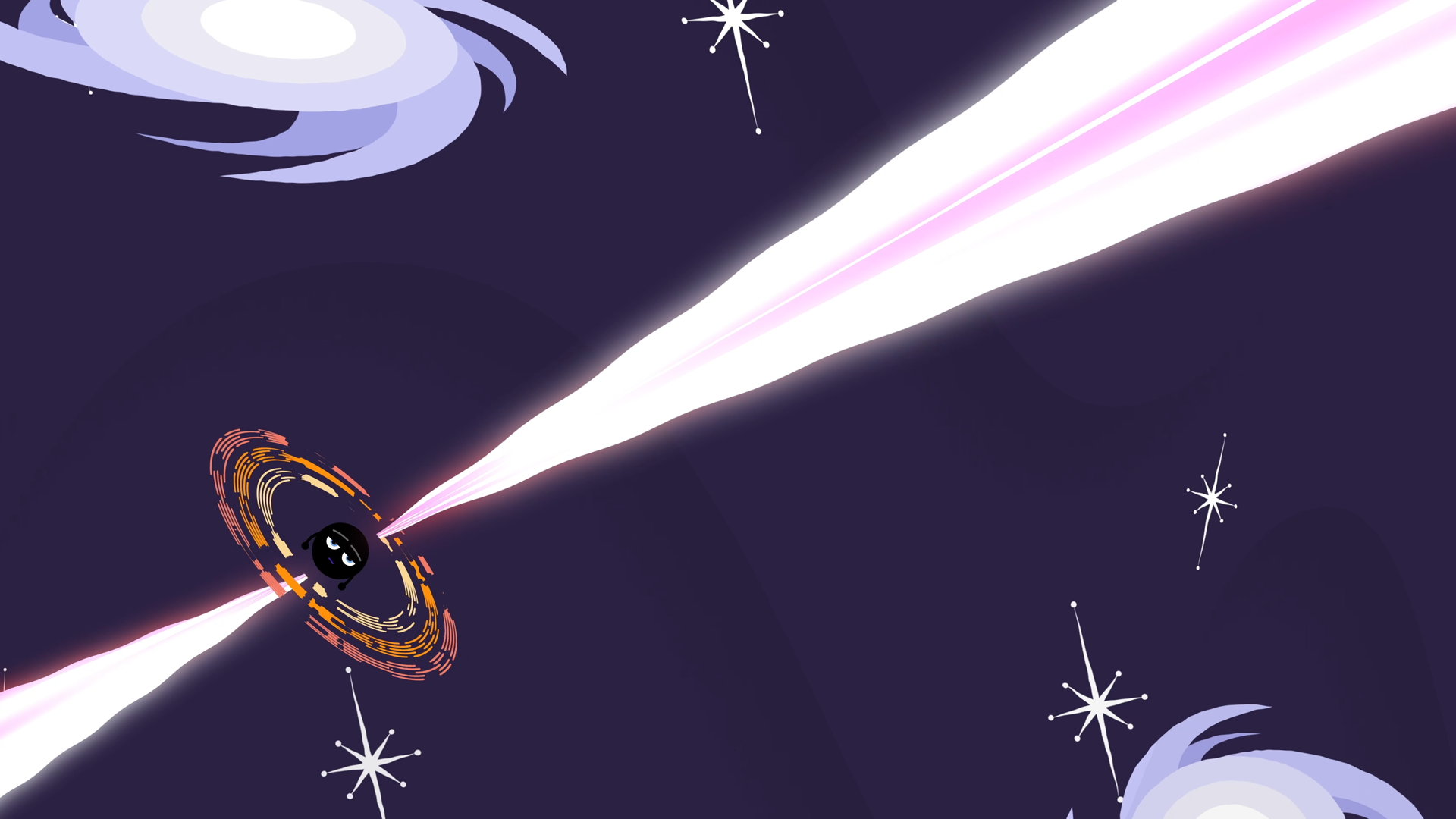 Desktop wallpaper image featuring a cartoon depiction of gamma-ray burst with NASA’s Traveler attempting to catch the show.