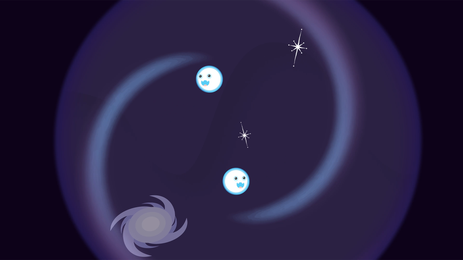 Desktop wallpaper image featuring a cartoon depiction of two neutron stars circling each other.