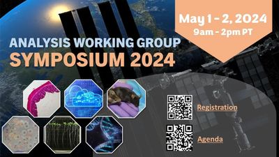 Title slide for the Analysis Working Group Symposium 2024, showing event dates (May 1–2, 9am–2pm PT), the International Space Station above Earth, scientific icons, and QR codes for registration and agenda.