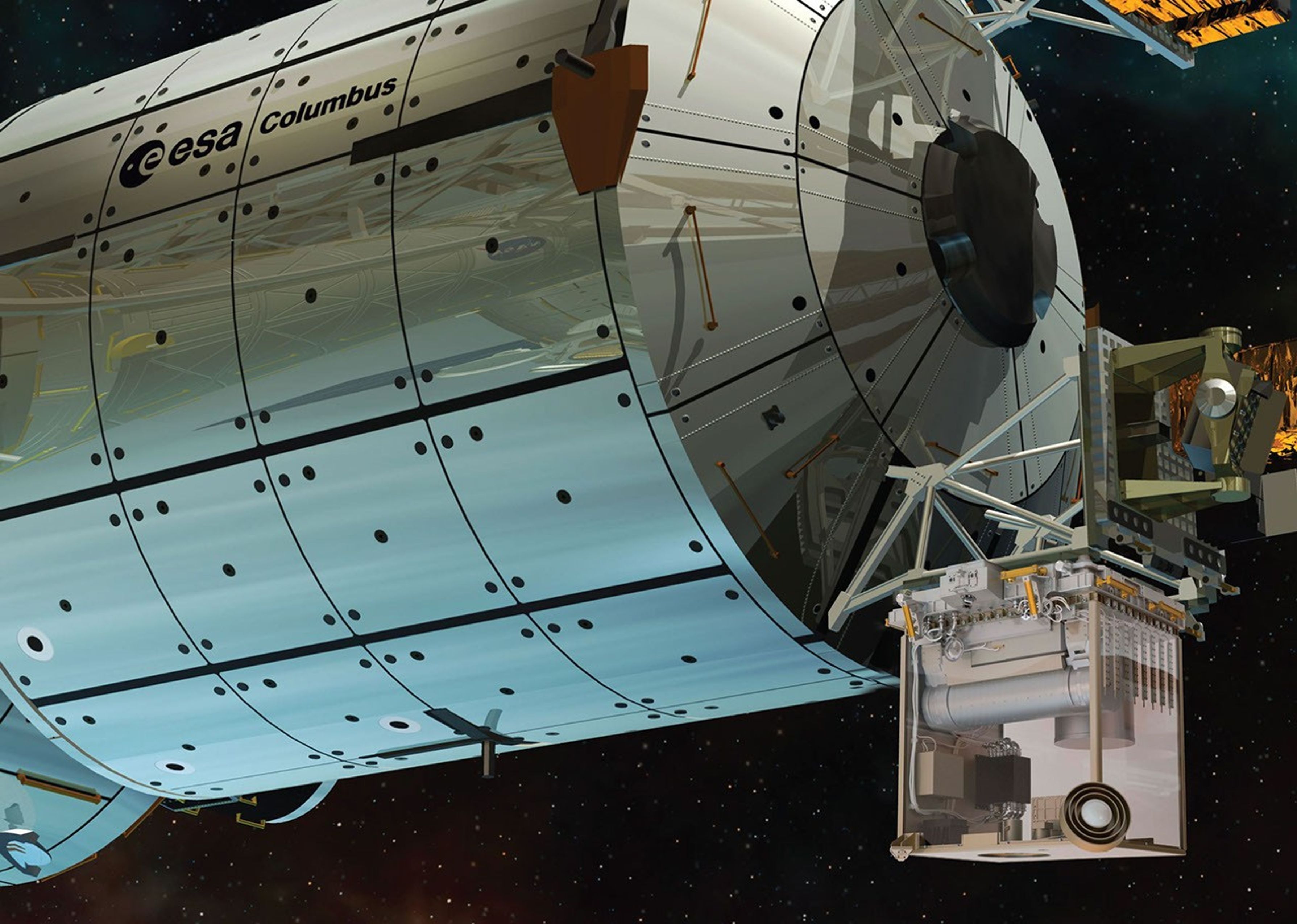 A depiction of a robotic arm extends to attach a transparent gray metal box containing scientific equipment to a large white cylinder representing the space station.  