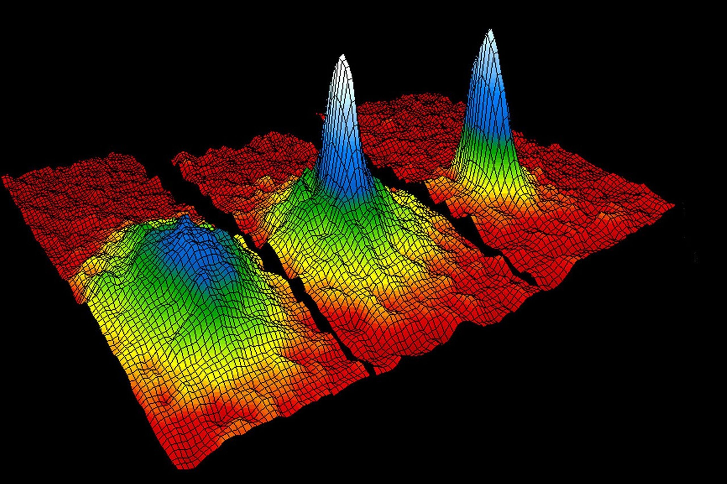Three images in a color grid (red at the bottom, yellow and green in the middle and blue at the top) are images of atoms as a function of time as they clump together to form a BEC.