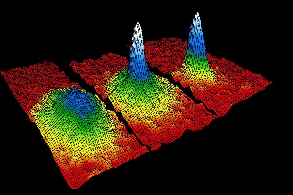 Three images in a color grid (red at the bottom, yellow and green in the middle and blue at the top) are images of atoms as a function of time as they clump together to form a BEC.