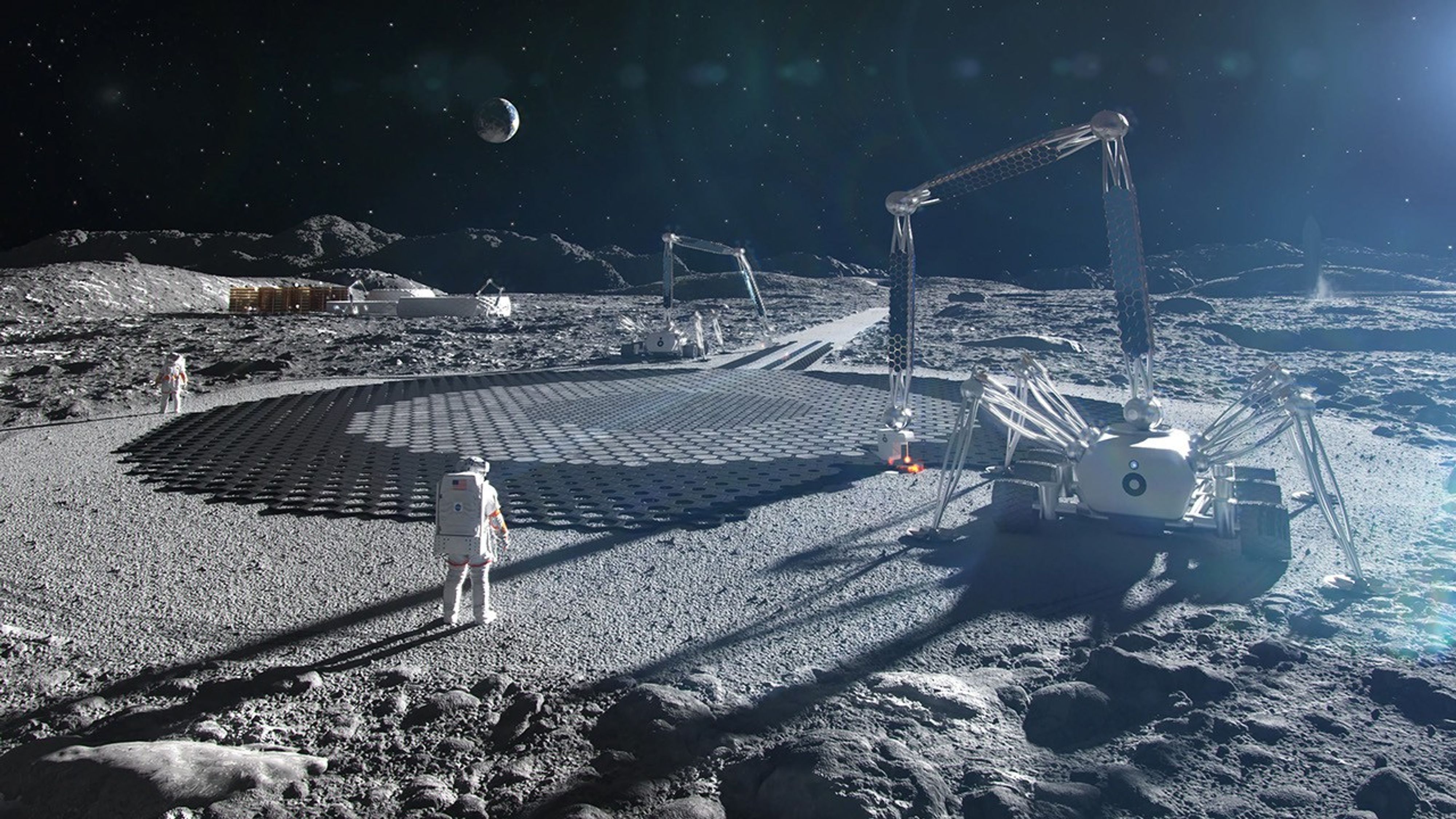 Multiple large machines with large arms coming off them work on the lunar surface alongside a group of astronauts.