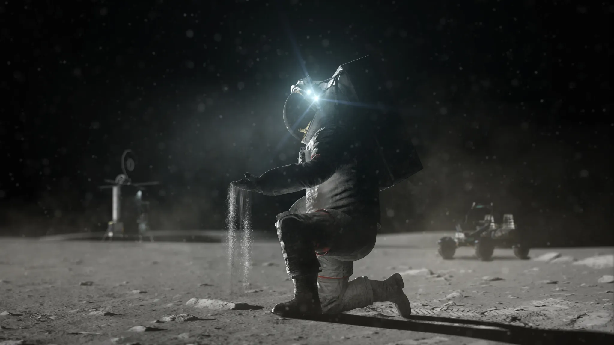 A 3D rendering of an astronaut kneeling on the Moon’s surface scooping up lunar regolith in their hand and letting some of it drop away back to the surface. A lunar lander and rover are visible in the background.