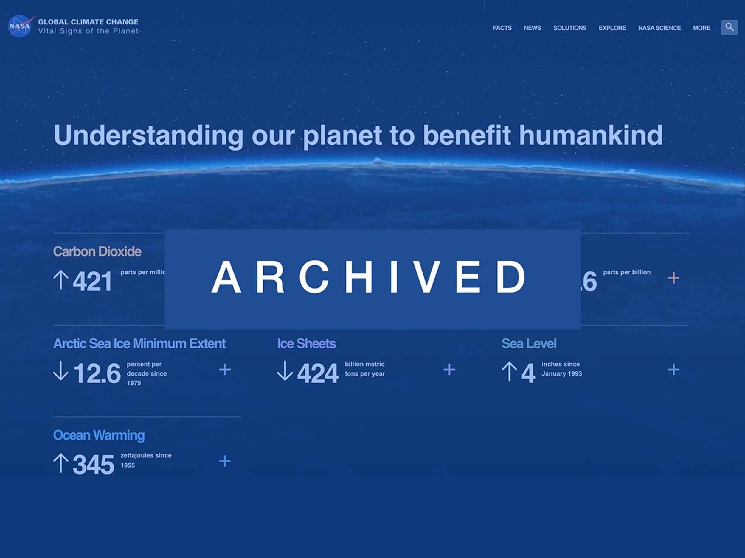 Screenshot of an archived NASA Global Climate Change website showing Earth from space with the headline “Understanding our planet to benefit humankind,” and key climate indicators including carbon dioxide, global temperature, methane, sea level rise, and ice loss.