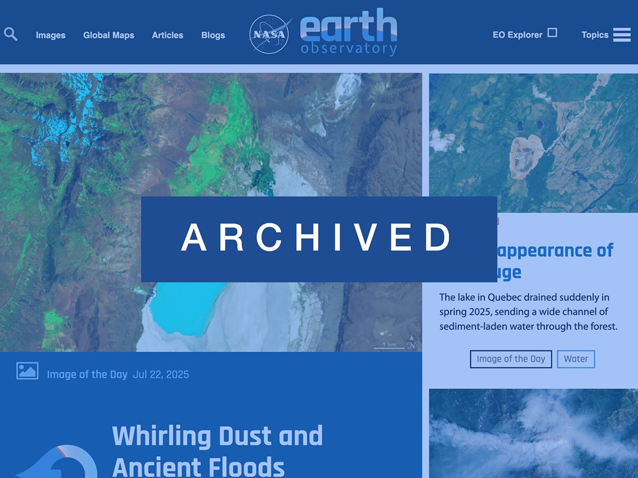 Screenshot of an archived NASA Earth Observatory webpage featuring satellite imagery of an ocean bloom and a featured article titled “A Massive Seaweed Bloom in the Atlantic.”