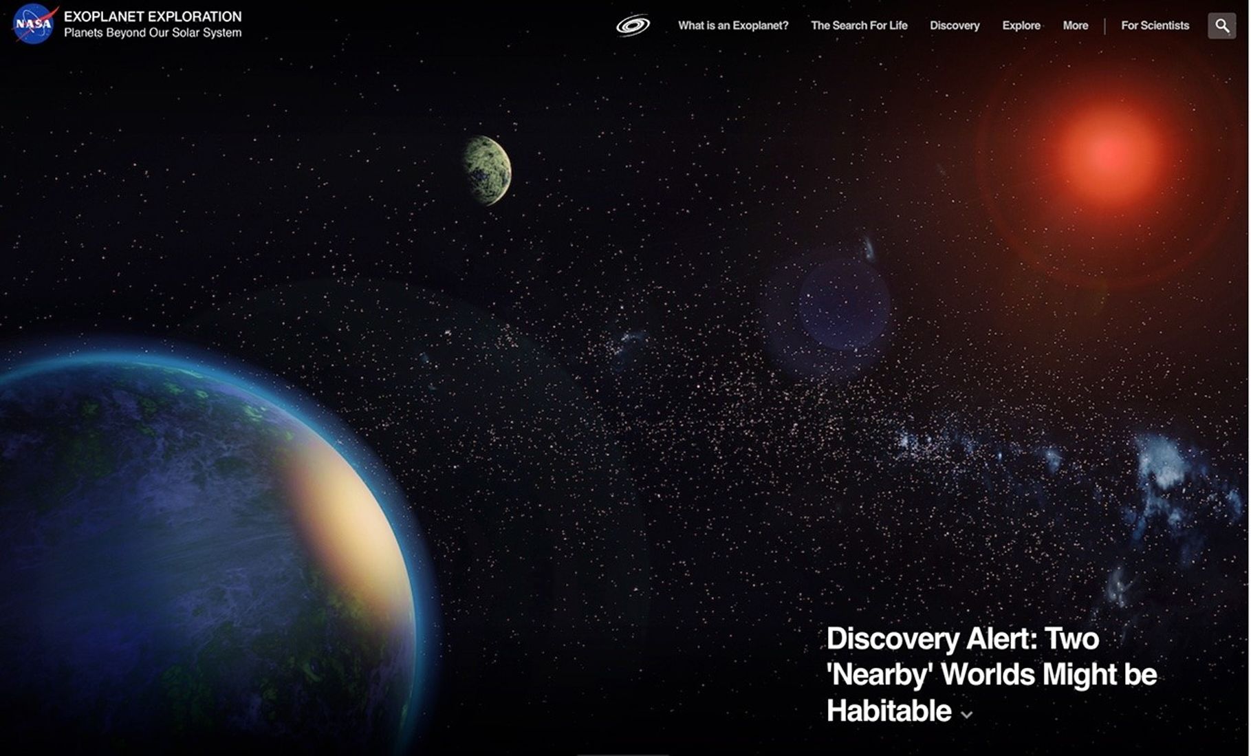 Screenshot of an archived NASA Exoplanet Exploration website showing illustrated planets in deep space with the headline “Discovery Alert: Two 'Nearby' Worlds Might be Habitable.”