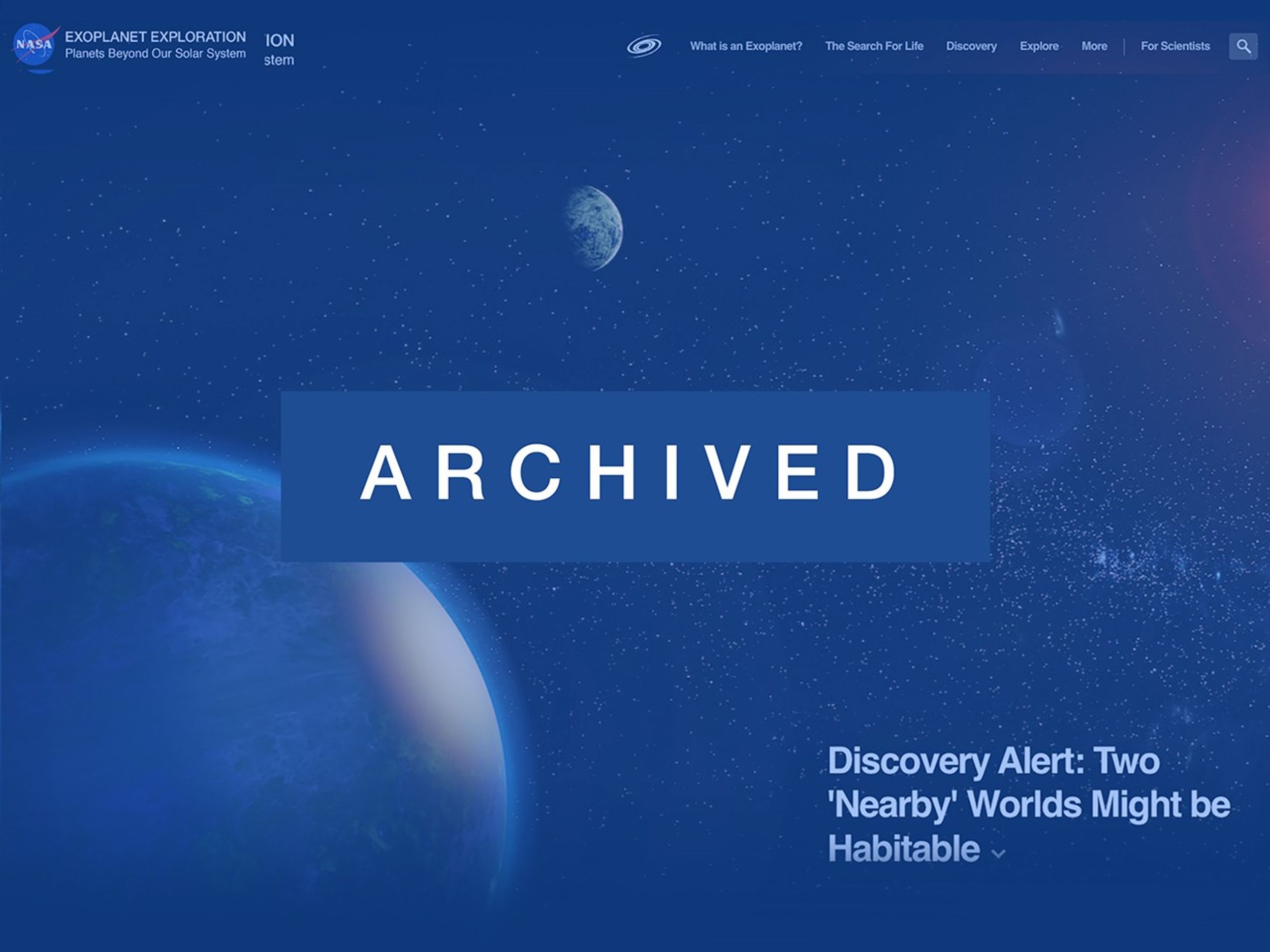 Screenshot of an archived NASA Exoplanet Exploration website showing illustrated planets in deep space with the headline “Discovery Alert: Two 'Nearby' Worlds Might be Habitable.”