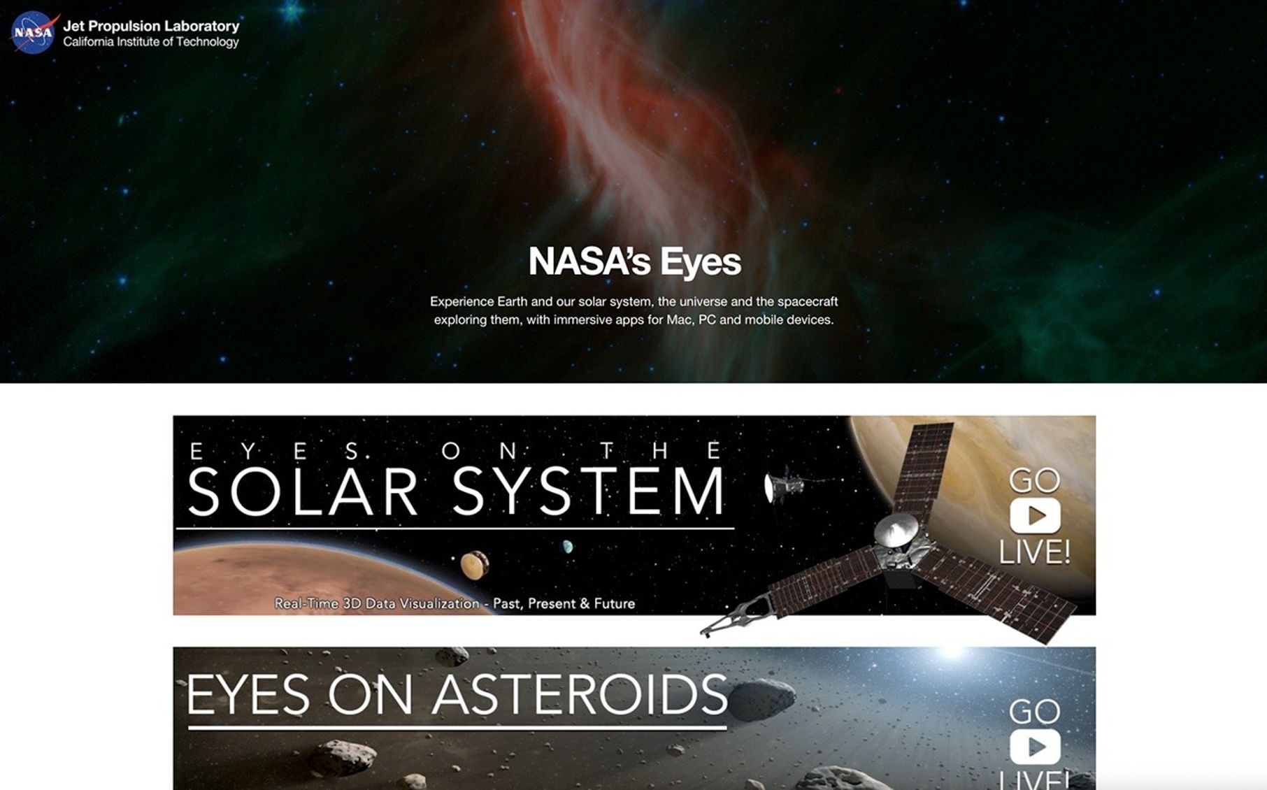 Screenshot of an archived NASA Eyes website featuring visualizations for "Eyes on the Solar System" and "Eyes on Asteroids," with descriptions of real-time 3D space data tools.