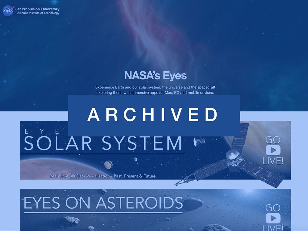 Screenshot of an archived NASA Eyes website featuring visualizations for "Eyes on the Solar System" and "Eyes on Asteroids," with descriptions of real-time 3D space data tools.