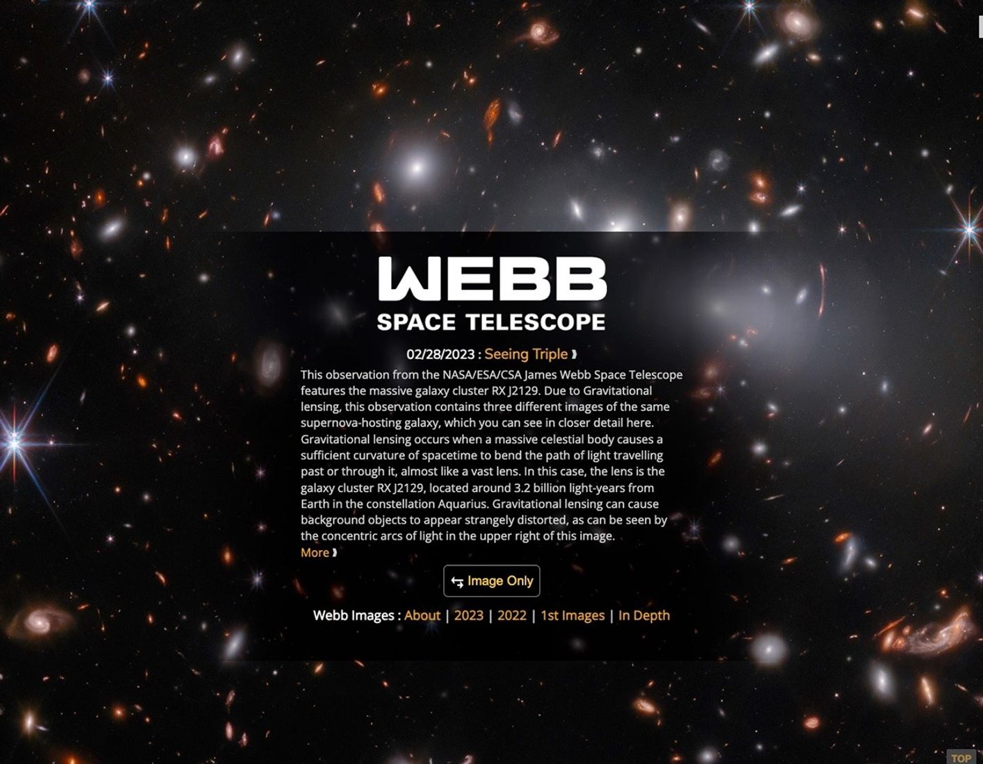 Screenshot of an archived NASA James Webb Space Telescope webpage featuring a galaxy cluster image and text about gravitational lensing and the galaxy RX J2129.