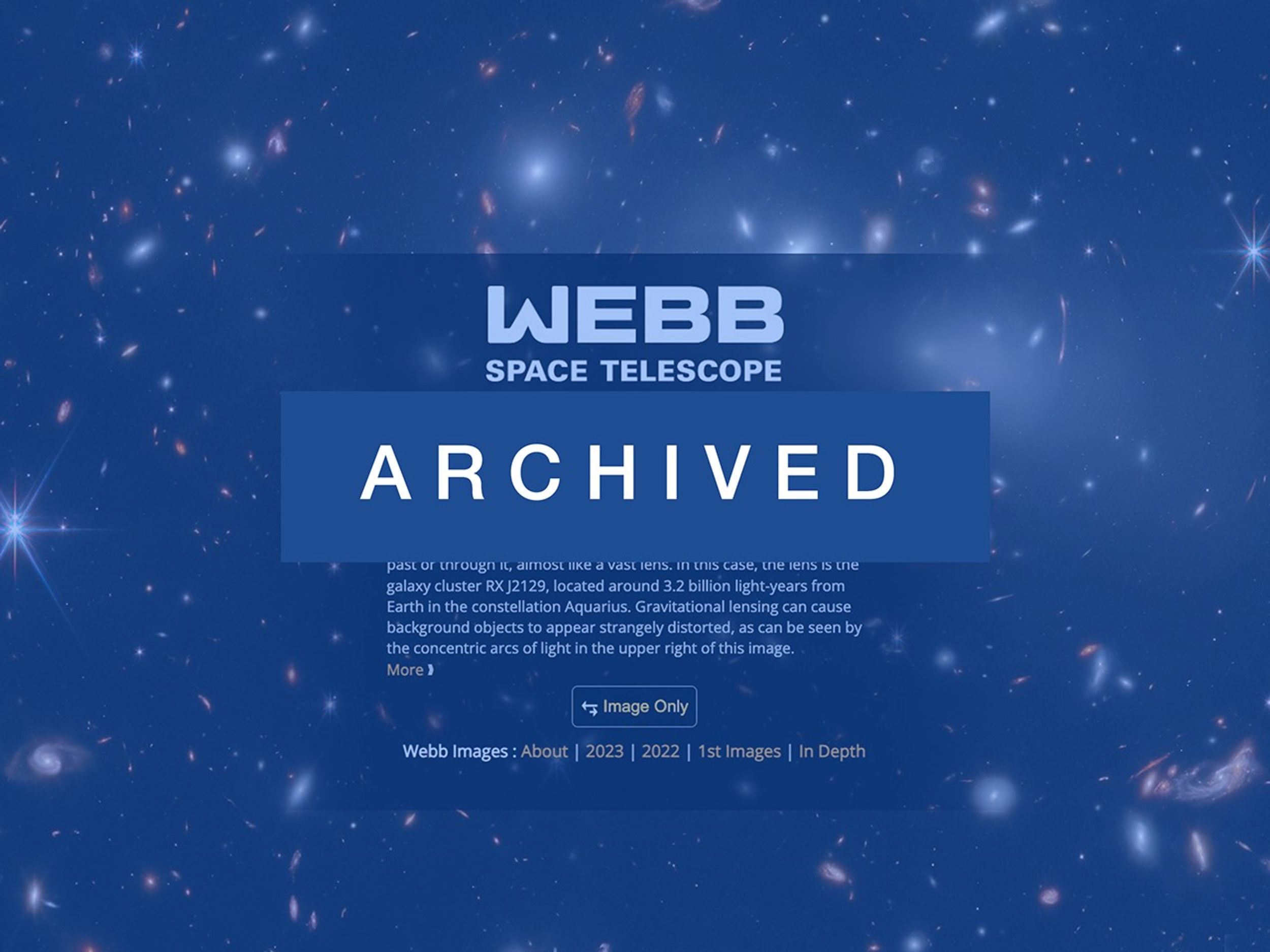 Screenshot of an archived NASA James Webb Space Telescope webpage featuring a galaxy cluster image and text about gravitational lensing and the galaxy RX J2129.