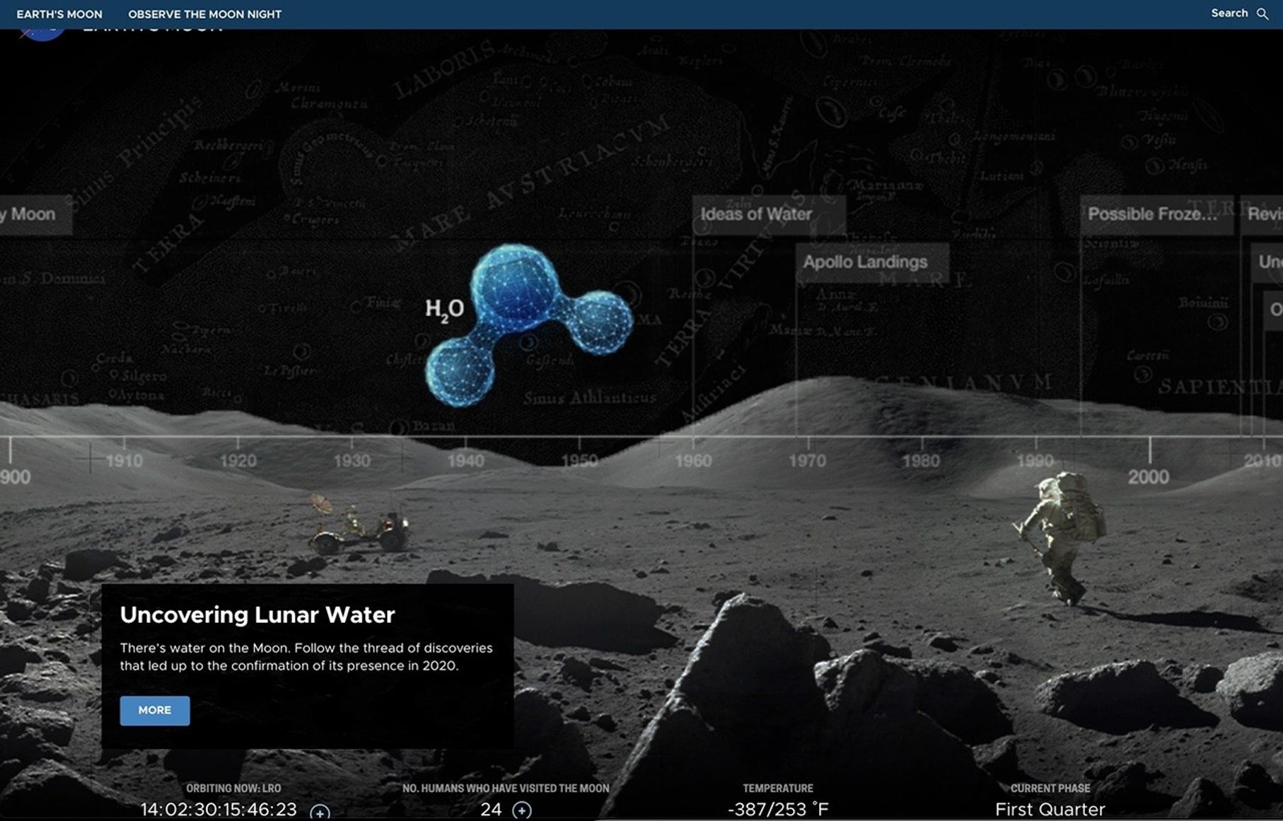 Screenshot of an archived NASA Moon website showing an astronaut on the lunar surface, a water molecule graphic labeled H₂O, and a timeline titled “Uncovering Lunar Water.”