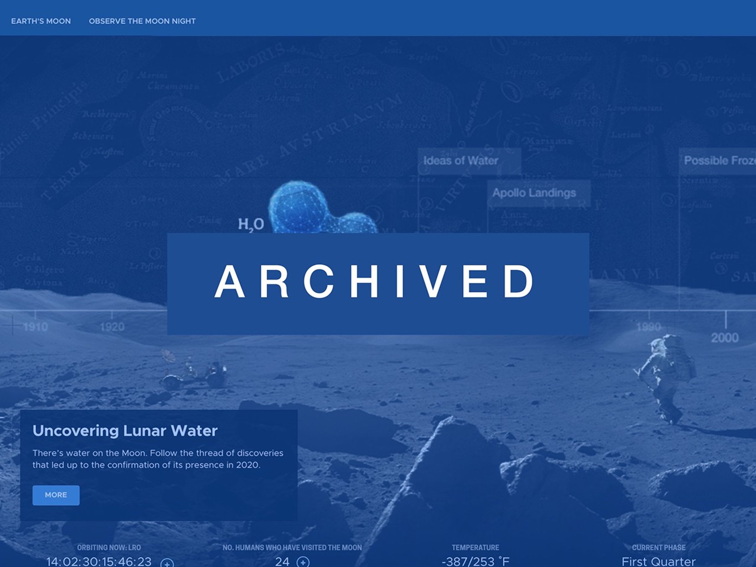 Screenshot of an archived NASA Moon website showing an astronaut on the lunar surface, a water molecule graphic labeled H₂O, and a timeline titled “Uncovering Lunar Water.”