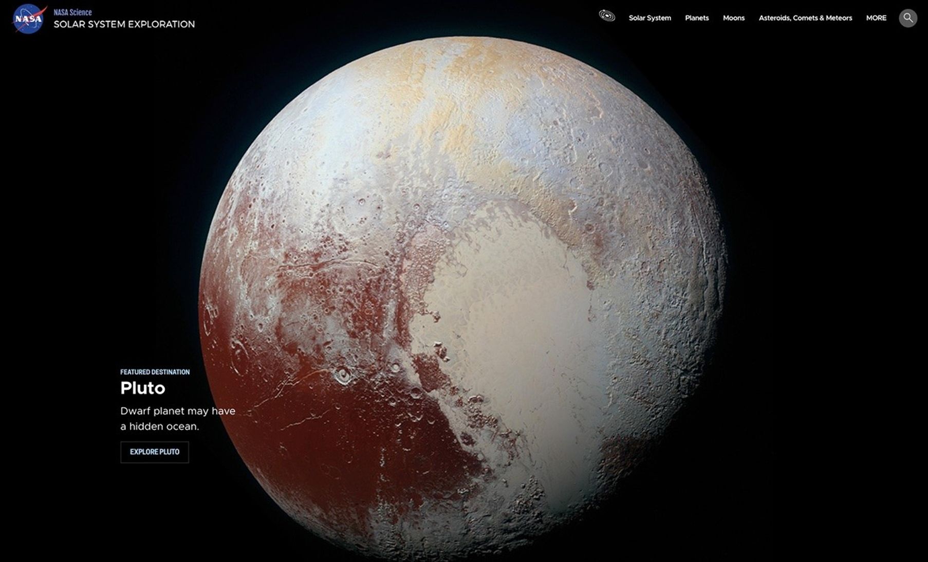 Screenshot of an archived NASA Solar System Exploration website featuring a high-resolution image of Pluto with the caption: “Pluto – Dwarf planet may have a hidden ocean.”
