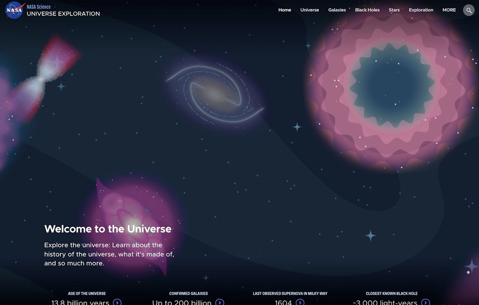 Screenshot of an archived NASA website showing a stylized illustration of the universe with galaxies, stars, and cosmic phenomena. Text reads “Welcome to the Universe.”