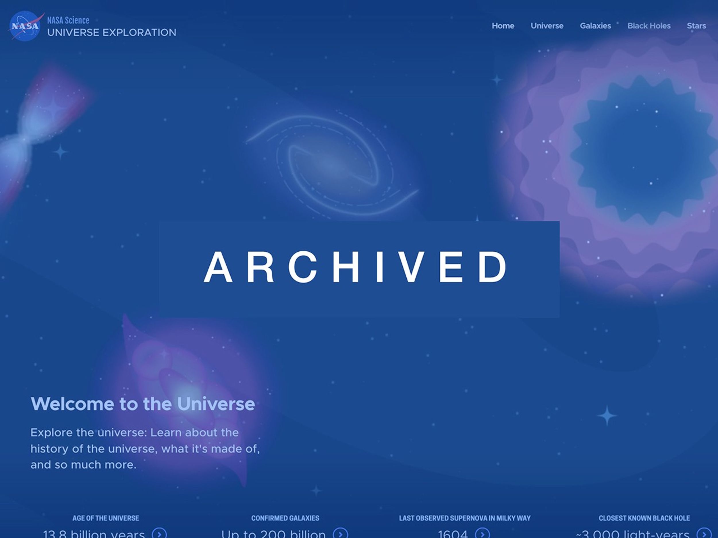 Screenshot of an archived NASA website showing a stylized illustration of the universe with galaxies, stars, and cosmic phenomena. Text reads “Welcome to the Universe.”