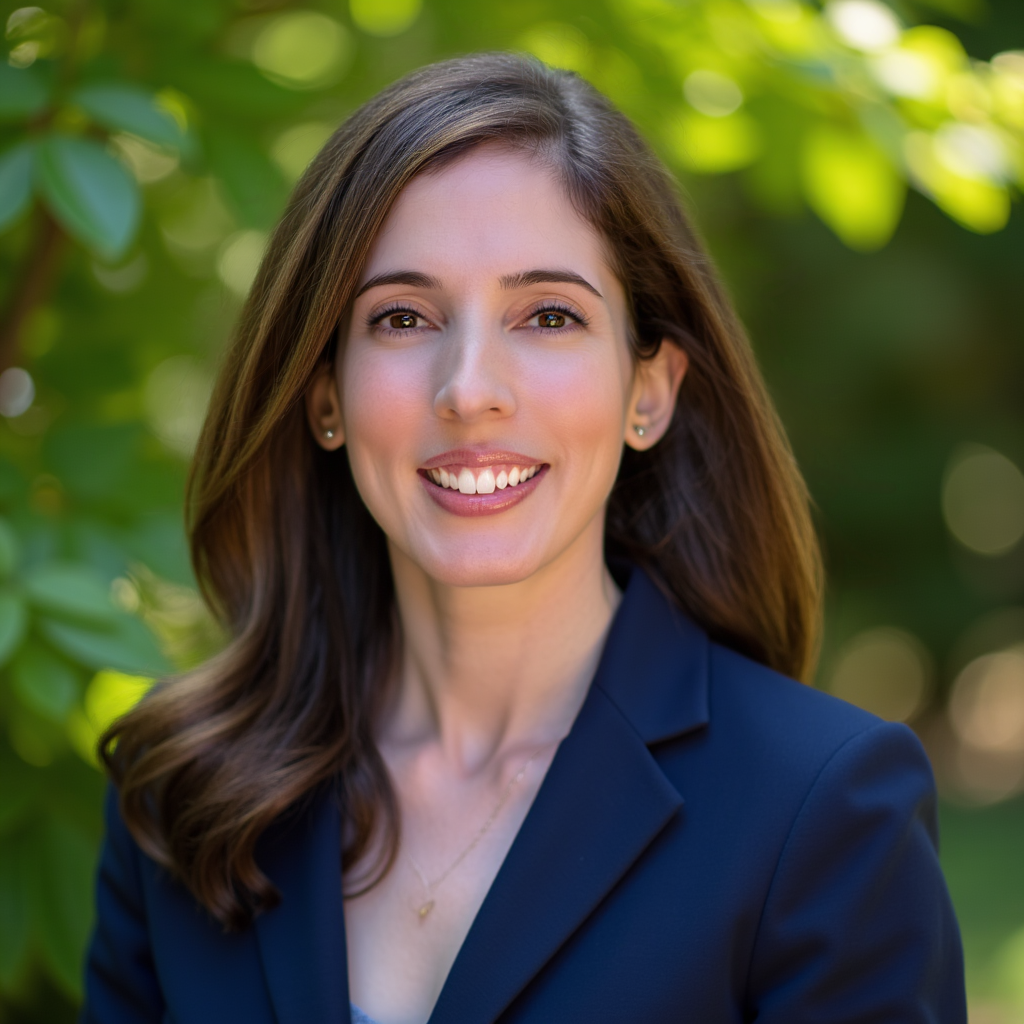 Portrait photo of a smiling woman with long dark hair