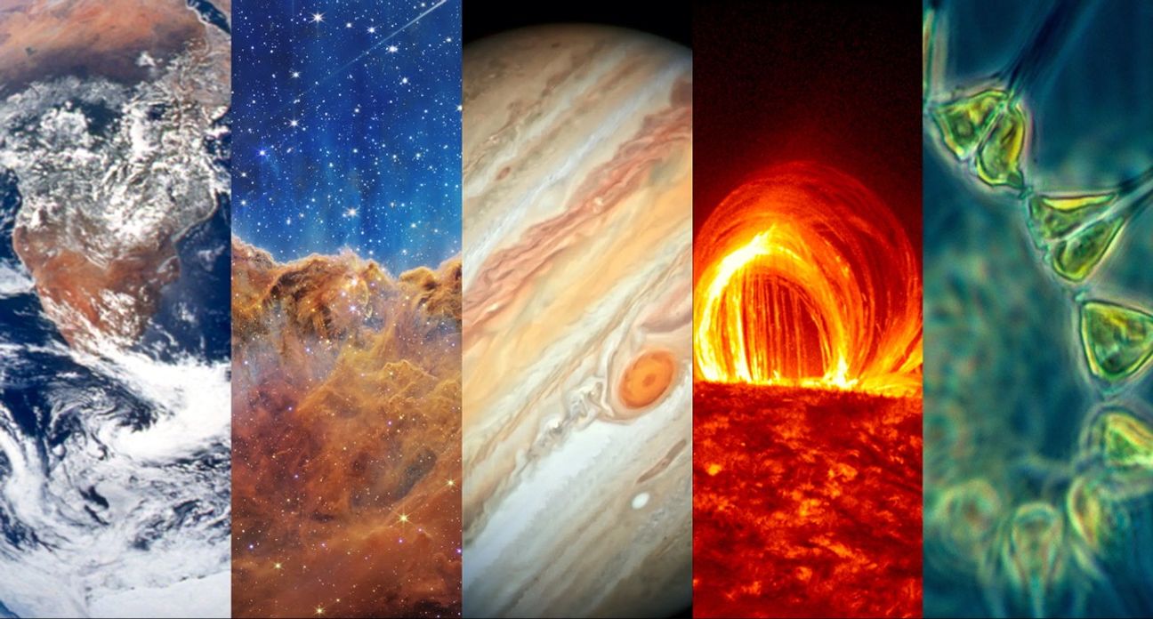 Image snippets showing Earth, the Carina nebula, Jupiter, the surface of the Sun, and a cell.