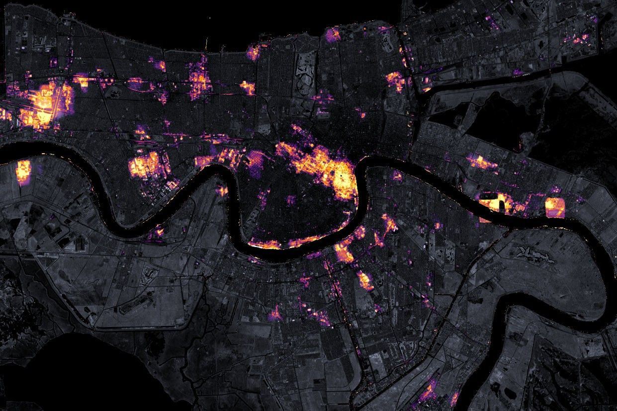 Satellite imagery of the reduced nighttime lights in New Orleans, Louisiana, on August 31, 2021, following Hurricane Ida.