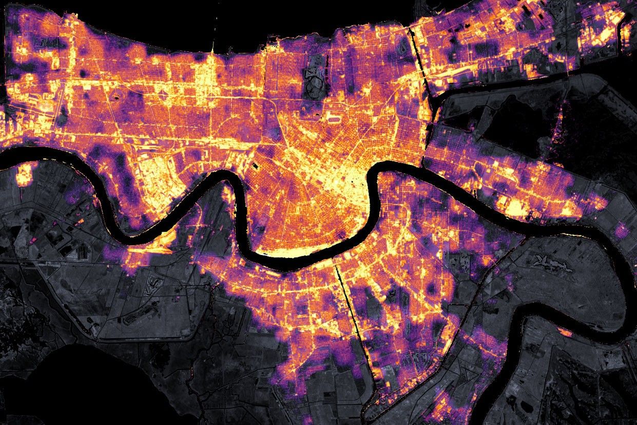Satellite imagery of nighttime lights in New Orleans, Louisiana, on August 9, 2021, shortly before the arrival of Hurricane Ida.