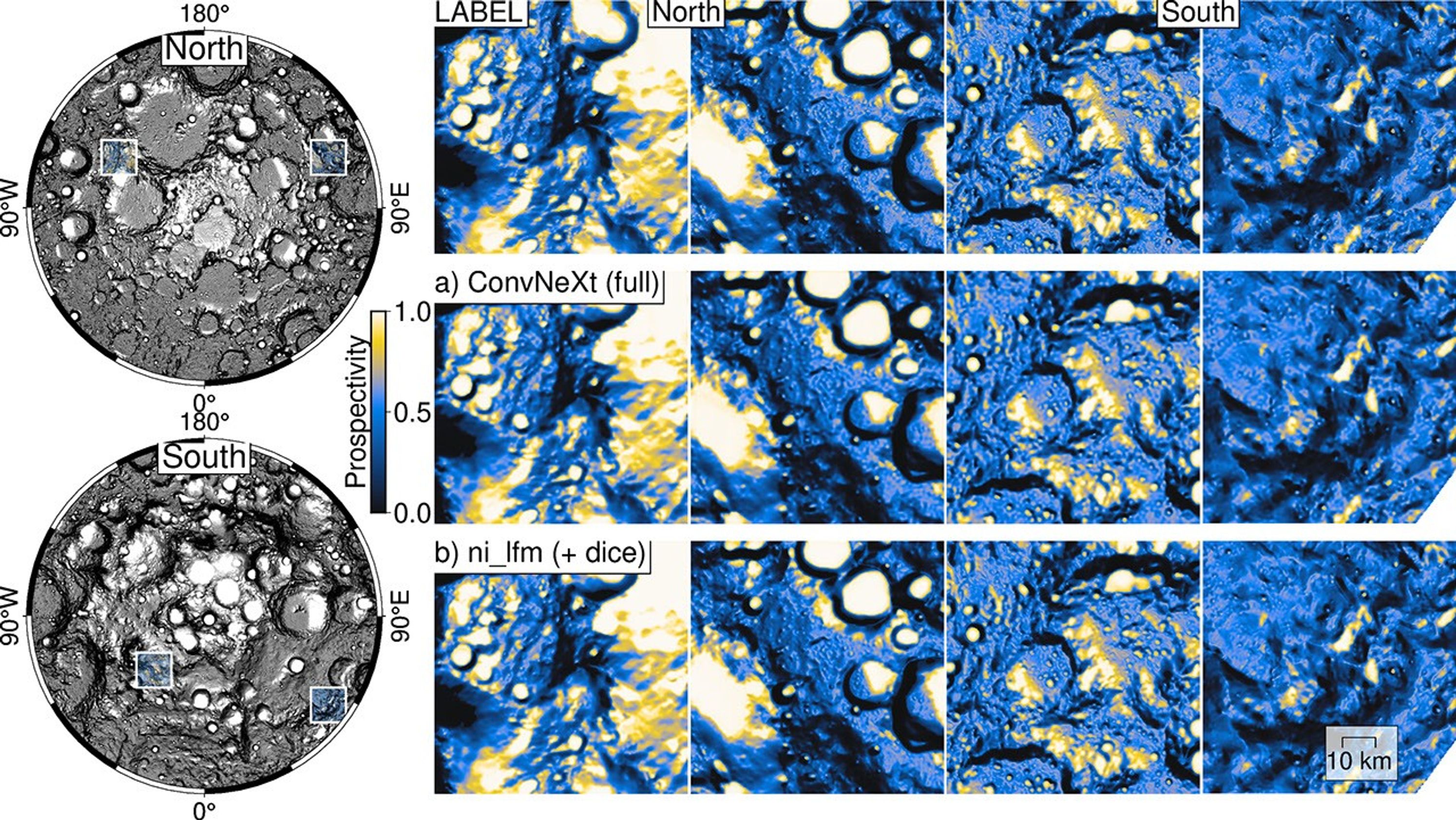 The NASA-IBM model reproduces patterns of lunar ice prospectivity (scaled from blue to yellow), shown at four locations (left) near the Moon’s pole. Top row: reference ice prospectivity map of Mons Mouton near the lunar south pole; bottom row: predictions from the NASA-IBM model. The NASA-IBM model preserves many fine-scale prospectivity patterns in the reference data.