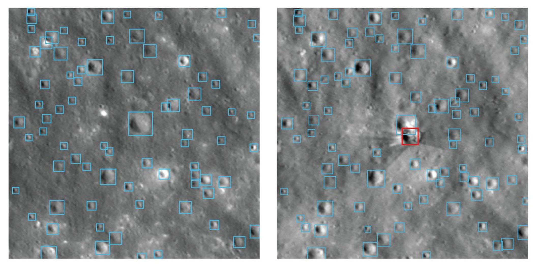 Side-by-side lunar surface images showing automated crater detection before and after a rocket impact. Numerous craters across the gray, terrain are enclosed in light blue bounding boxes. In the right image, a newly formed dark crater surrounded by bright ejecta is highlighted with a prominent red square bounding box.