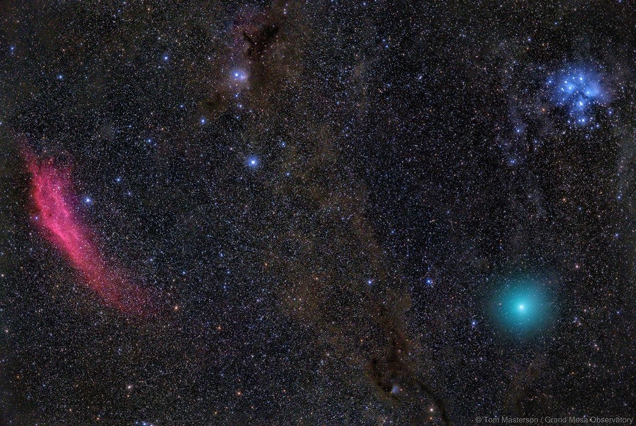 Red Nebula, Green Comet, Blue Stars
