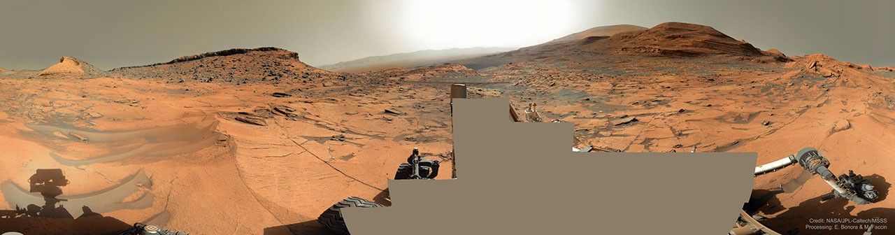 The picture shows a panorama of the surface of Mars taken in early 2021 September from NASA's Curiosity rover. Please see the explanation for more detailed information.