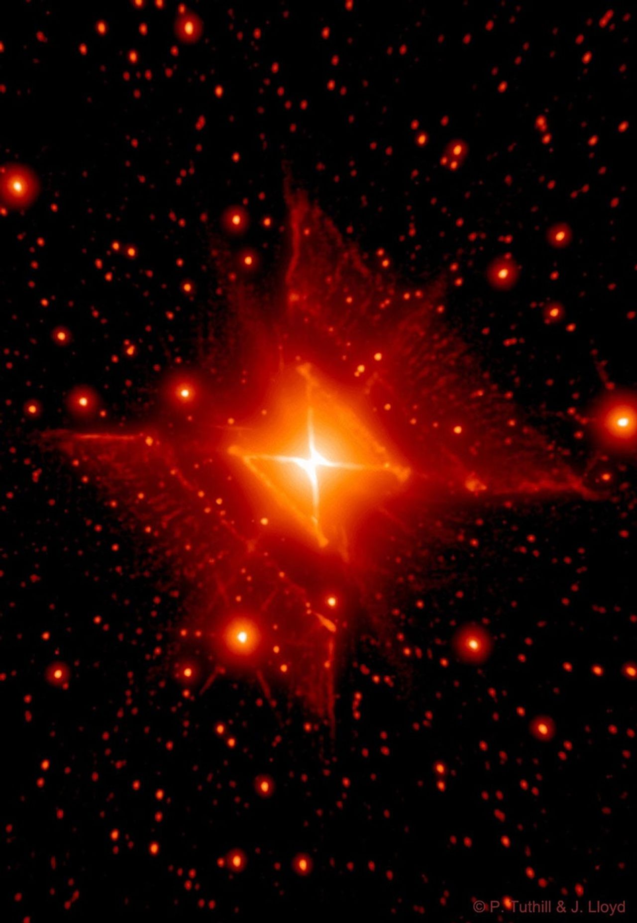 The picture shows the Red Square Nebula, a bipolar nebula centered on the bright star MWC 922 Please see the explanation for more detailed information.