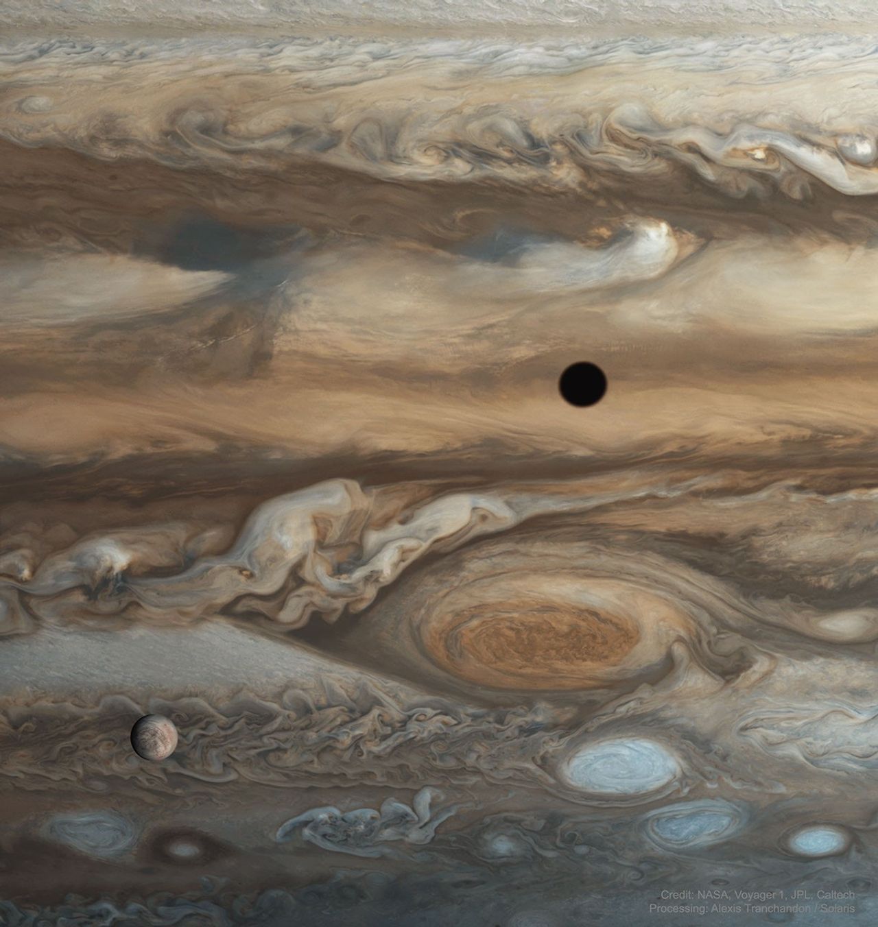 The featured image shows Jupiter's moon Europa in front of Jupiter with many of Jupiter's clouds, including the Great Red Spot, visible. Please see the explanation for more detailed information.