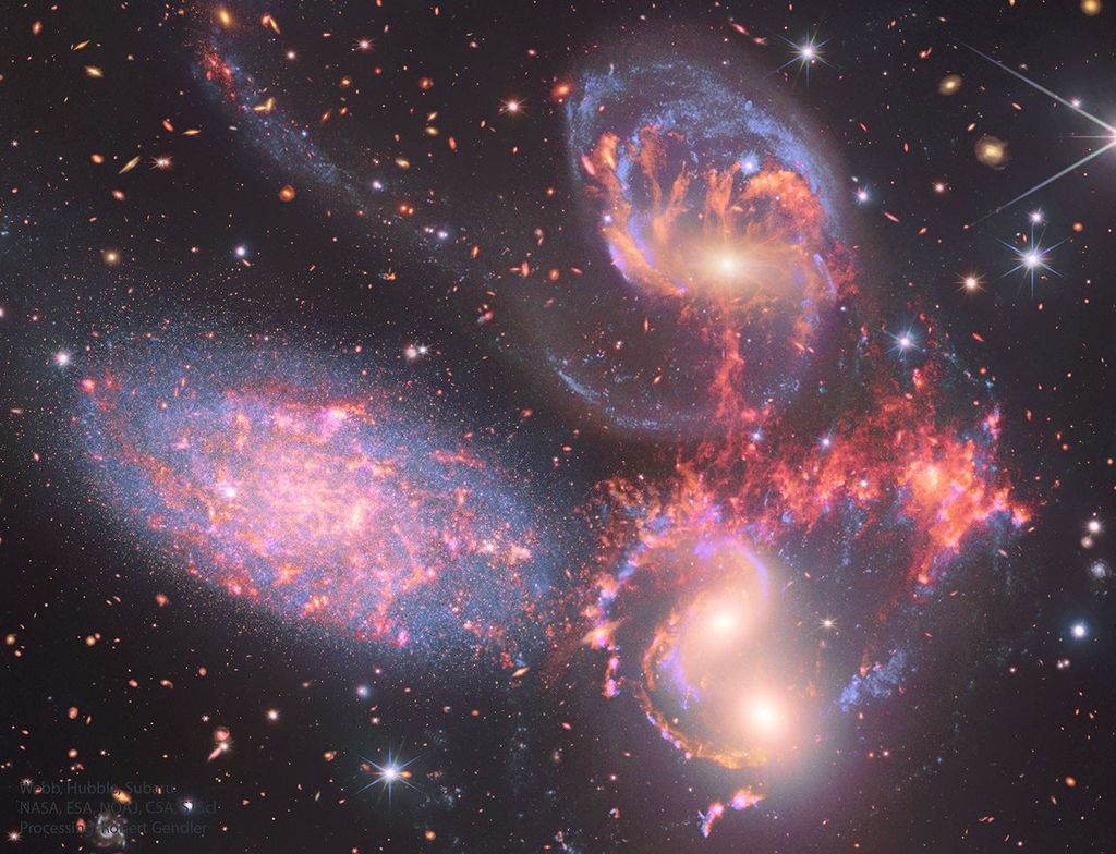 APOD: 2022 July 18 – Stephans Quintet from Webb, Hubble, and Subaru
