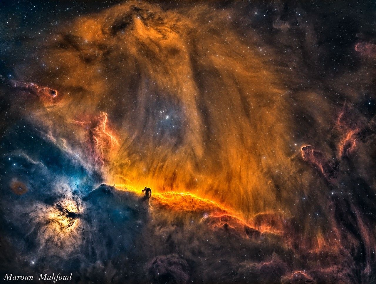 The featured image shows the the part of the constellation of Orion where the Horsehead and Flame Nebulas reside. The gaseous wisps above the Horsehead can appear, in this deep exposure, to be a lion's head. Please see the explanation for m