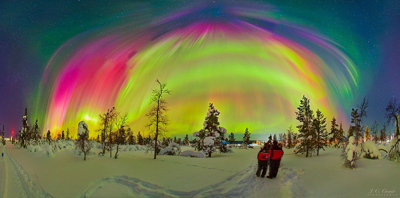 Two people dressed in red coats are standing on a snowy landscape with bare trees. Above, many aurorae of different colors appear, with some stars visible in the background. Please see the explanation for more detailed information.