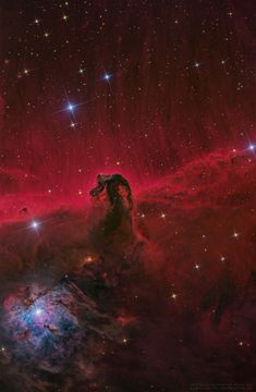 A dark nebula resembling the head of a horse is imaged before a red-glowing background. Stars appear throughout the image. Please see the explanation for more detailed information.