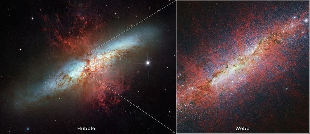 APOD: 2024 April 15 – The Cigar Galaxy from Hubble and Webb