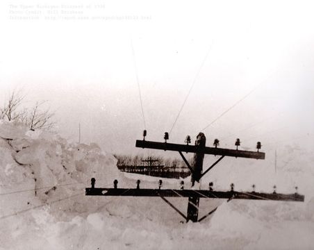 A telephone poll is shown surrounded by snow. In the background, another telephone poll is visible, as are some distant trees. Please see the explanation for more detailed information.