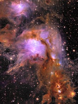 A star field filled with complex dark dust and bright purple nebulas is shown. Please see the explanation for more detailed information.