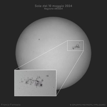 The Sun is shown in black and white showing dark sunspots on the far right. The large sunspot group is expanded in an inset image at the bottom left. Please see the explanation for more detailed information.