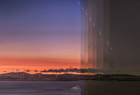 A sunrise sky is shown over water and trees. The horizon is orange and the top of the image is deep blue. On the far right vertical bands are shown becoming progressively darker. In each band a comet appears, with the comet appearing increa