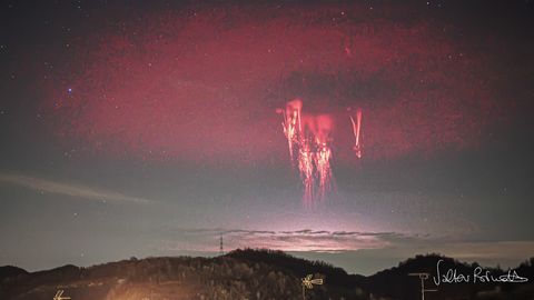 Trees on a hilltop are seen in a starry sky but with clouds on the far horizon. A strange red circular band of light is seen in the sky. Near this band's center, some bright jellyfish like structures are visible. Please see the explanation 