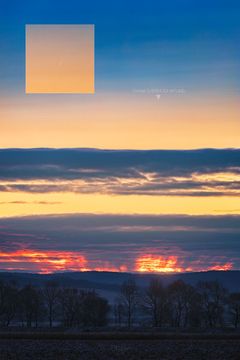 A morning sky is shown about a line of trees. In the sky is a faint comet. The comet is shown in better detailed in an inset image on the upper left. Please see the explanation for more detailed information.