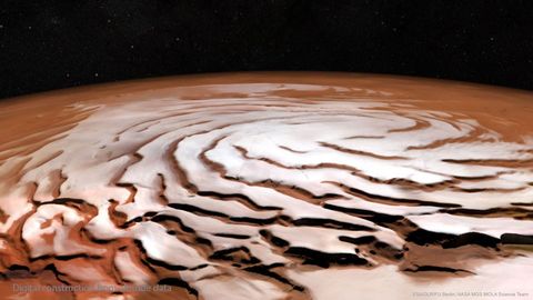 A computer construction of what the north pole of Mars looks like. The picture was constructed from measured altitude data. A spiral landscape is seen that is colored red but is mostly covered with white ice. Please see the explanation for 