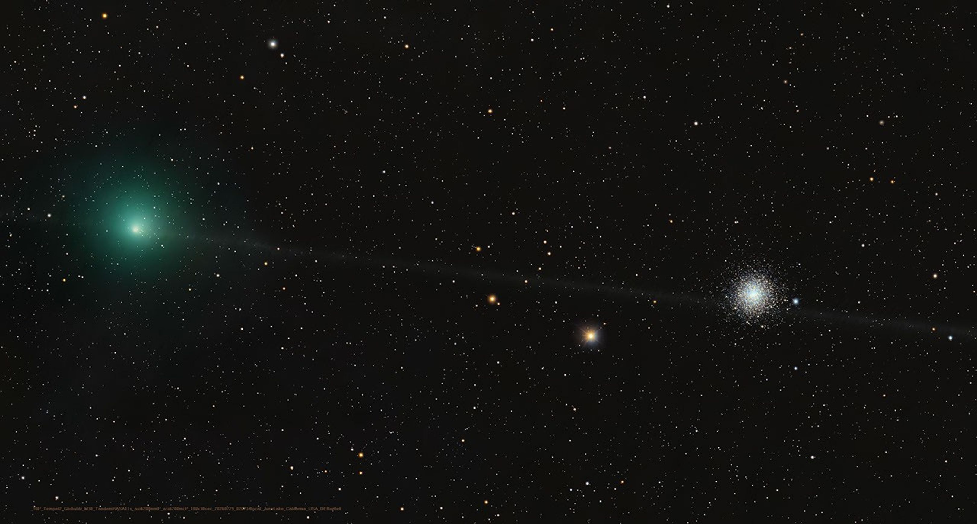 Greenish cometary coma of 10P/Tempel 2 and globular star cluster M30
