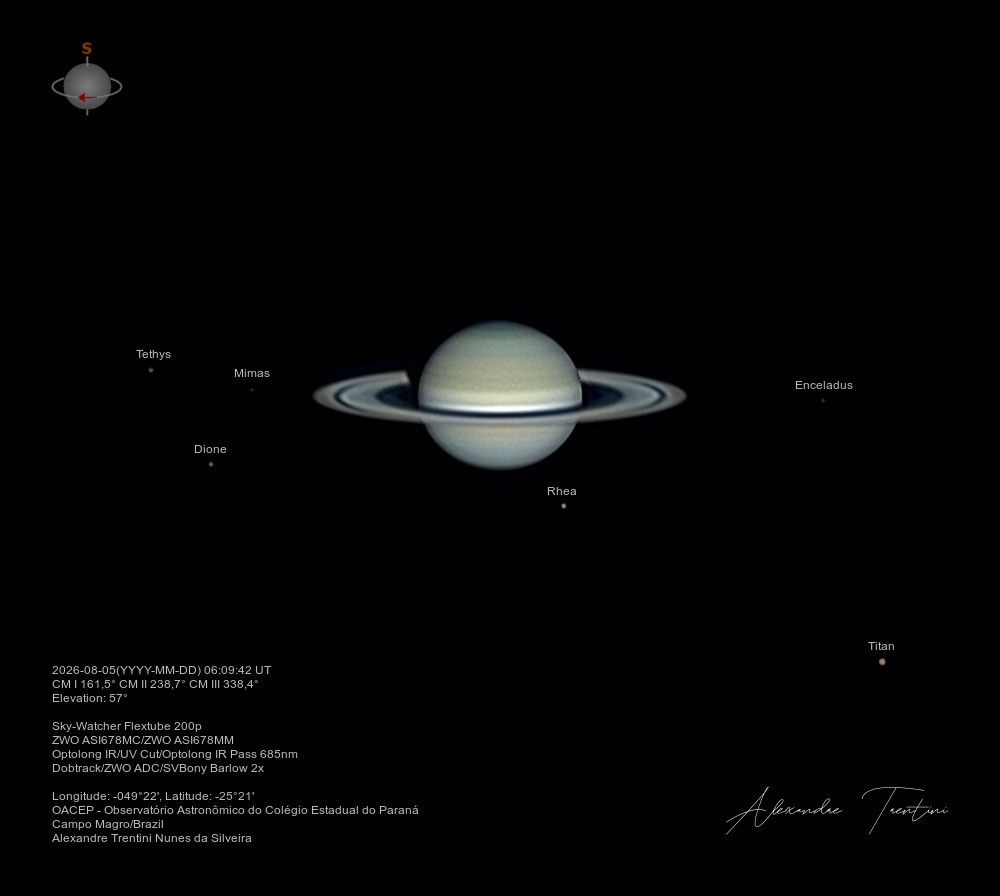 A telescopic image of Saturn with rings and six moons.