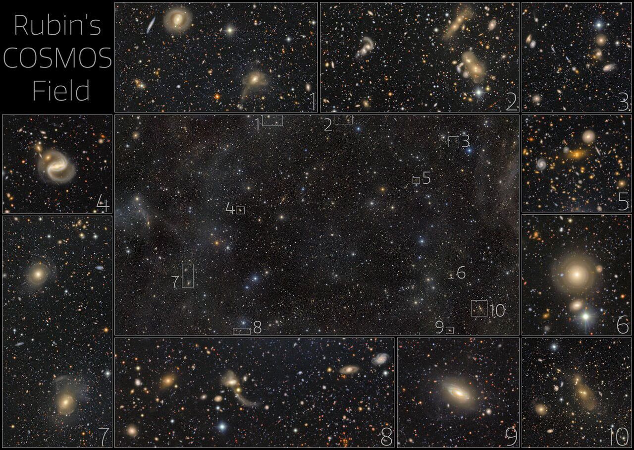 This exceptionally deep image from NSF–DOE Vera C. Rubin Observatory reveals the renowned COSMOS field and its surroundings in the constellation Sextans. The view is crowded with galaxies and galaxy clusters spanning an immense range of distances and cosmic ages, while only a handful of foreground stars belong to our own Milky Way. It was created by combining multiple observations from Rubin’s LSST Camera into a deep co-added image and is being released to mark Early Data Preview 2, the first Rubin data preview based on LSST Camera observations. Here, some selected areas are highlighted.