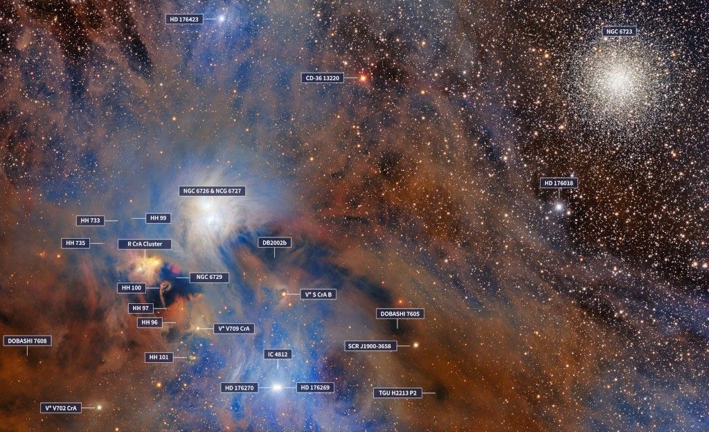 Both dense and whispy clouds streak across the left side of the image with bright stars peaking through. A few stars stand out as brighter than the rest. A tight cluster of stars sits to the top right of the image. The background is covered with stars. Astronomical objects are labeled.