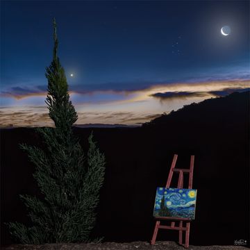 A sunset sky is seen above a dark sloping horizon. A tall tree is on the left. The sky is partly cloudy with a crescent Moon on the upper right and a bright planet just to the right of the tree. Next to the tree in the foreground on the rig